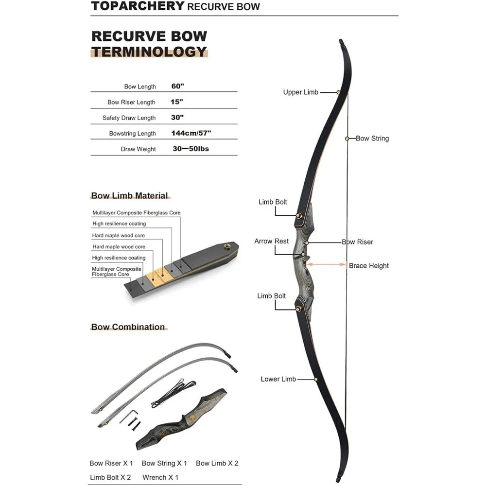 60'' Recurve Takedow Hunting Bow and Arrow Set Adult Target Practice Longbow Right