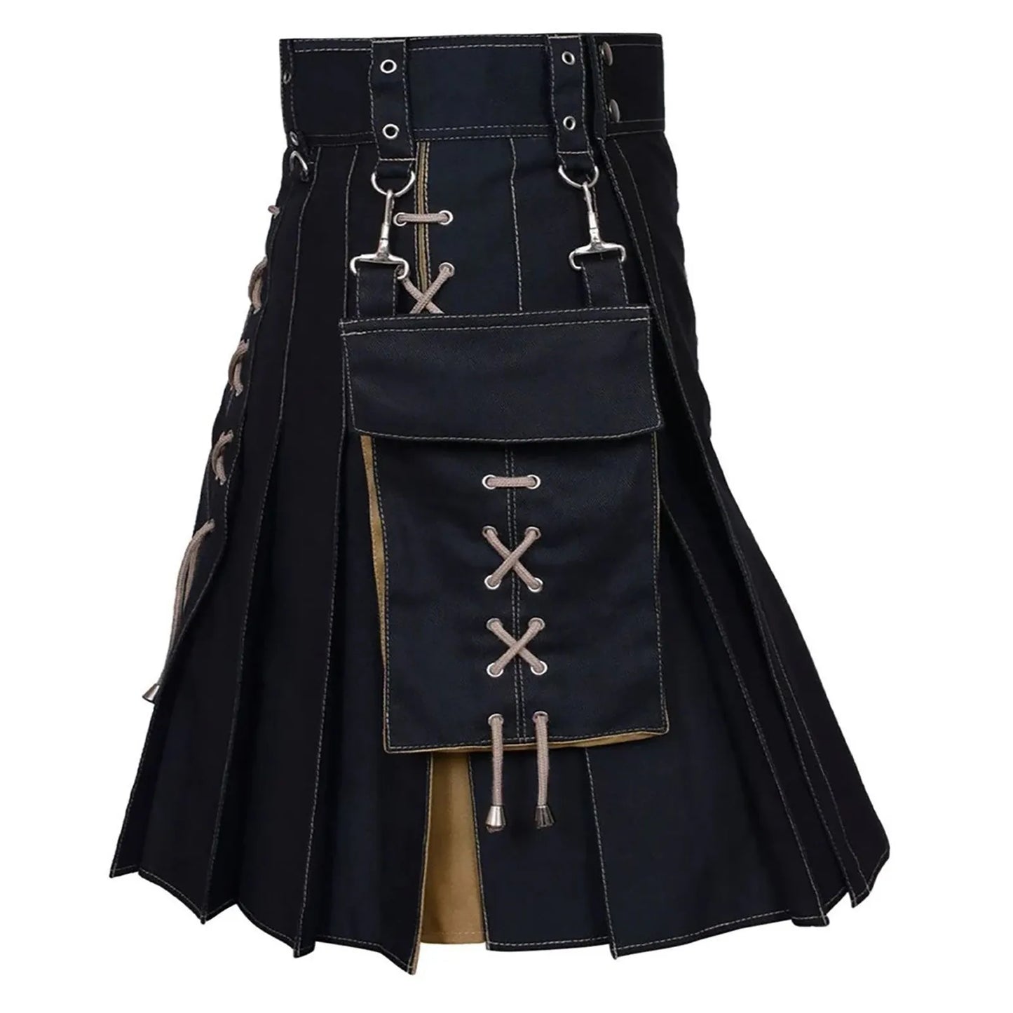 Scottish Hybrid Black Cotton & Tartan, Leather Straps Kilts for Men