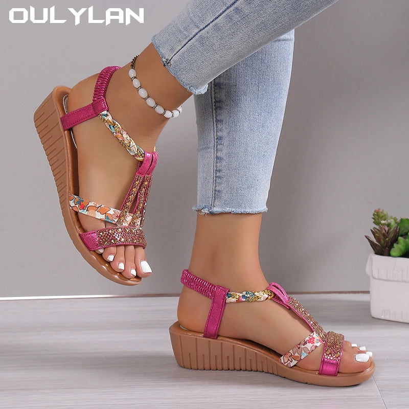 Outdoor Beach Wedge Sandals Summer Bohemia Rhinestones Casual Platform