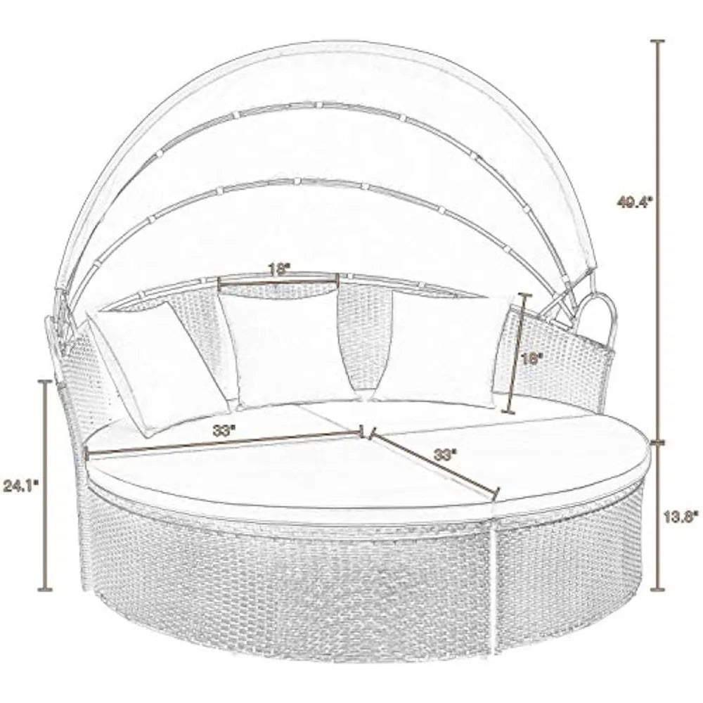 Outdoor Round Daybed Retractable Canopy Wicker Separated Seating Sectional Sofa