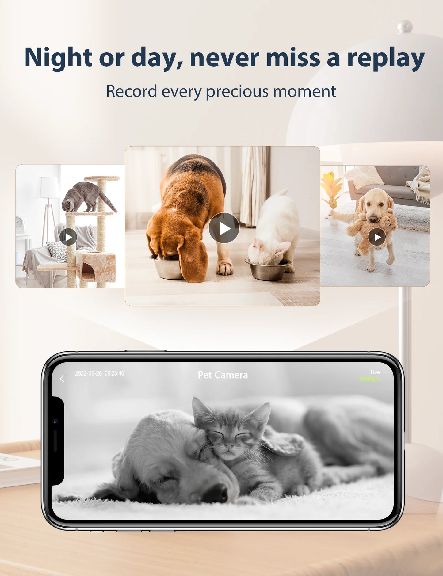 Pet Camera with Phone APP, Dog C Indoor Security Baby Camera, , Motion Detection and Tracking, Night Vision