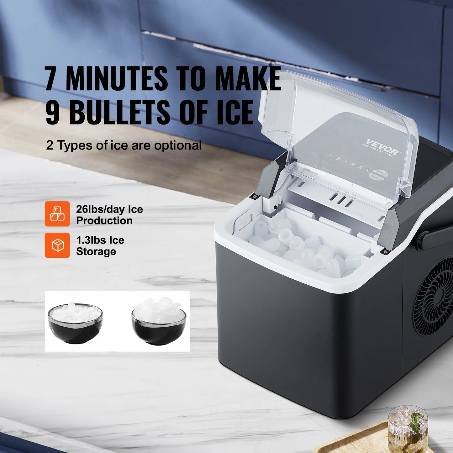 Ice Maker 9 Cubes Ready in 7 Mins 26lbs in 24Hrs Self-Cleaning Portable