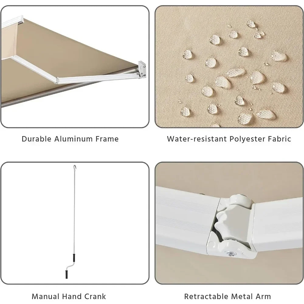 10 × 8 Ft Patio Awning, Retractable Shade Sun Awnings, Manual Crank Handle