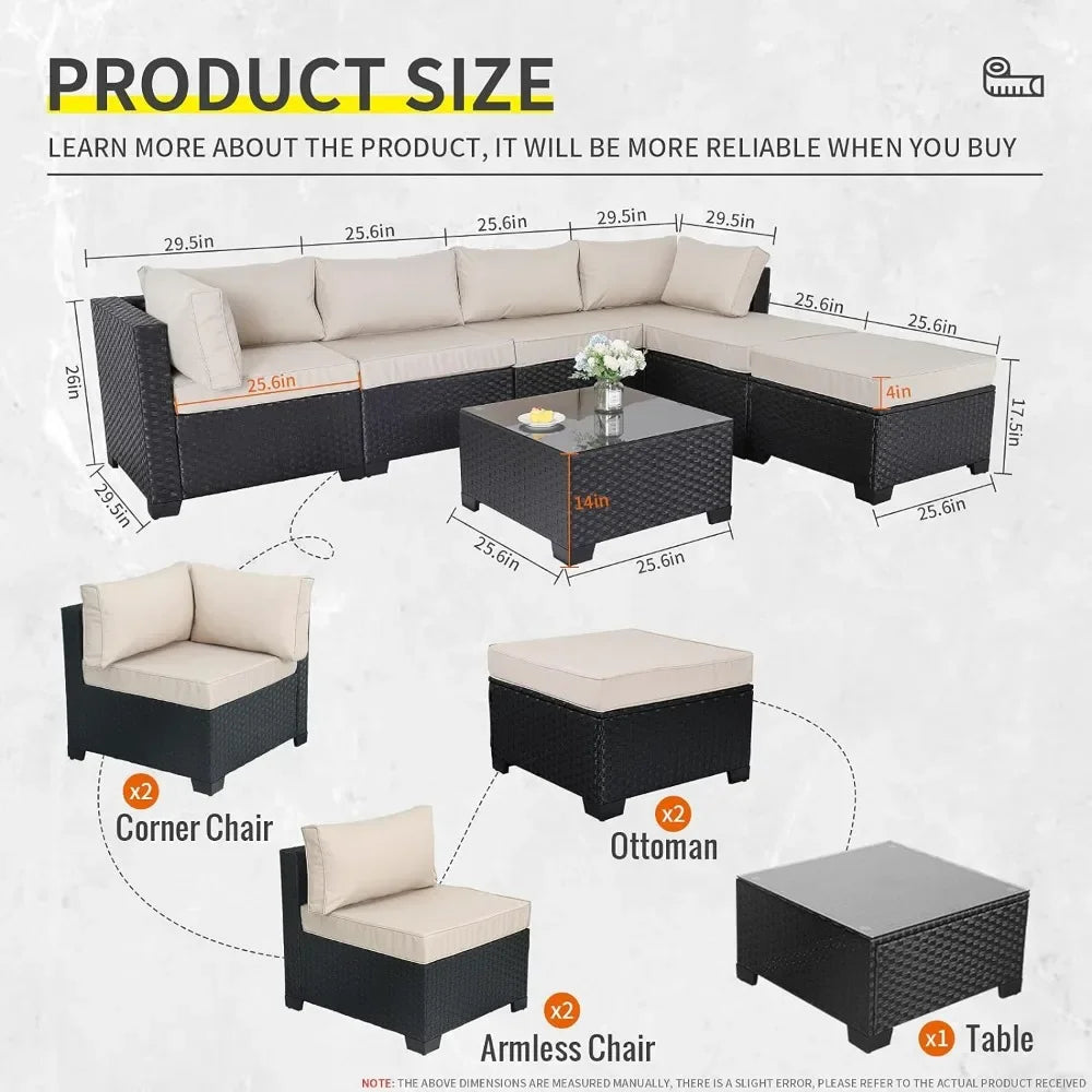 7 Pieces Outdoor PE Wicker Furniture Sofa Set with Khaki Cushions and Glass Top Table