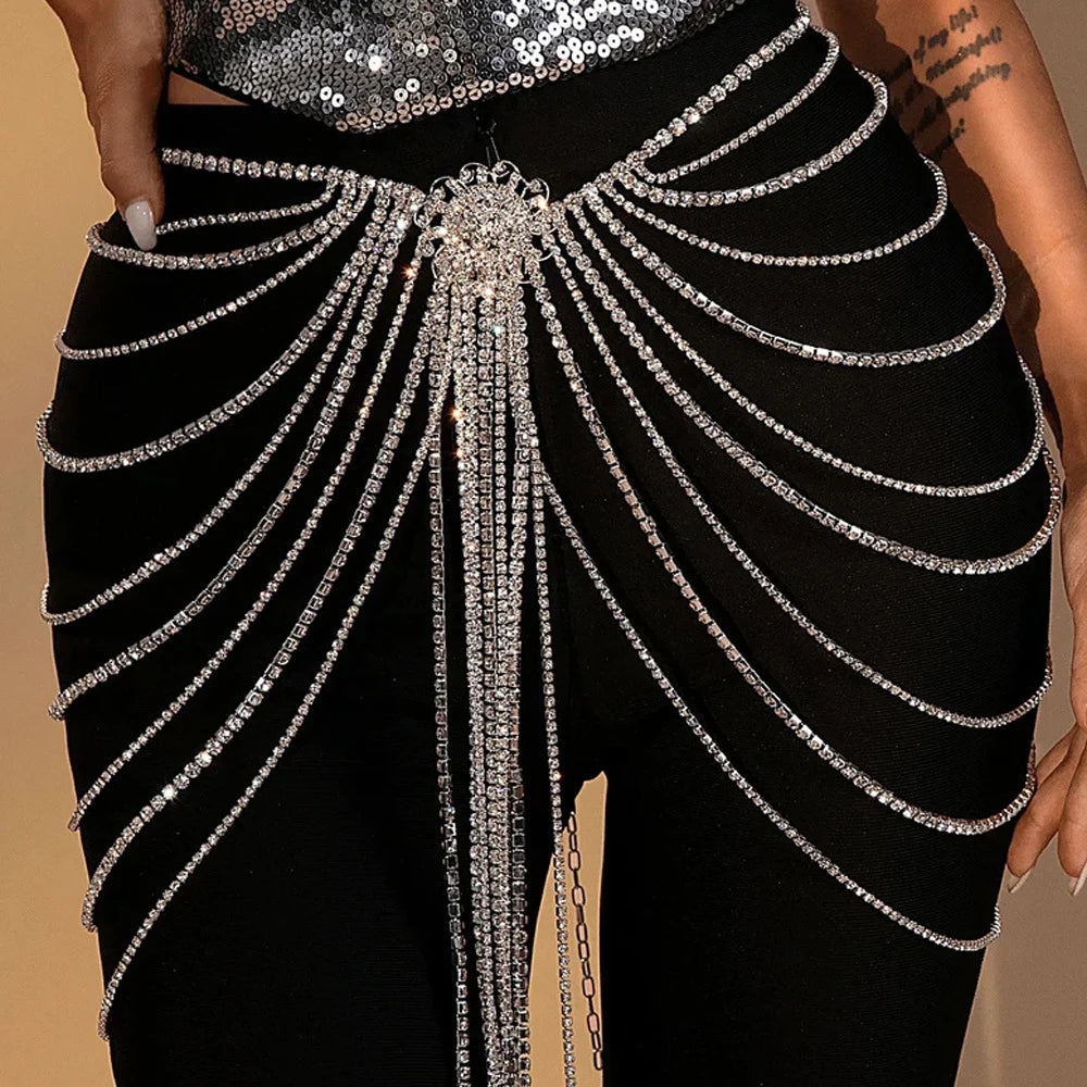 Rhinestone Skirt Flower Belly Dance Festival Lady Tassel Body Chain Dress Jewelry