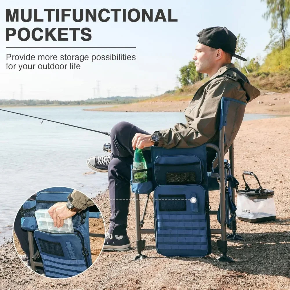 Fishing Chair with Rod Holder and Cooler, Adjustable Feet, Mesh Back with Shoulder Strap