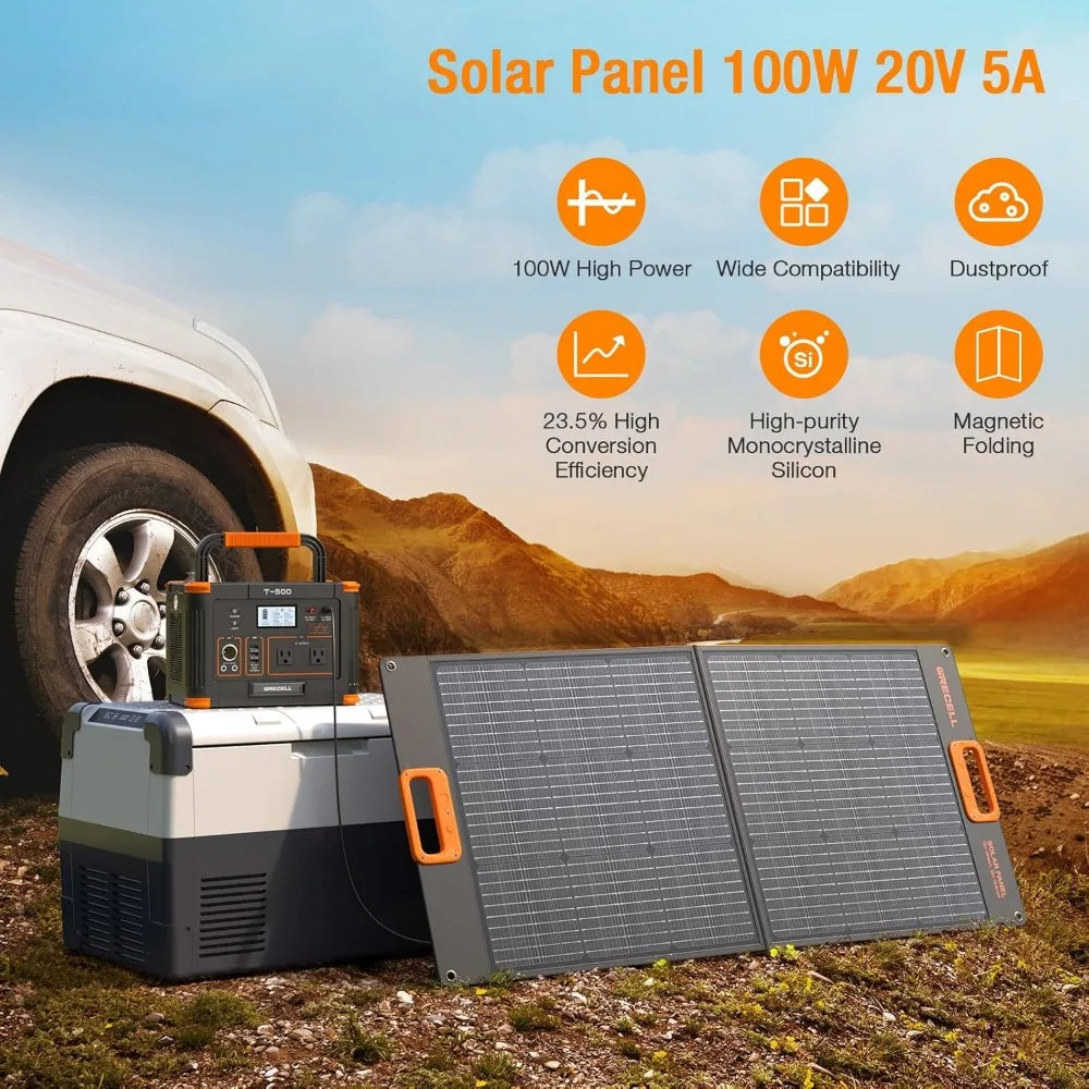 Generator with 100W Portable Solar Panel 20V, Power Station 500W(Peak 1000W)