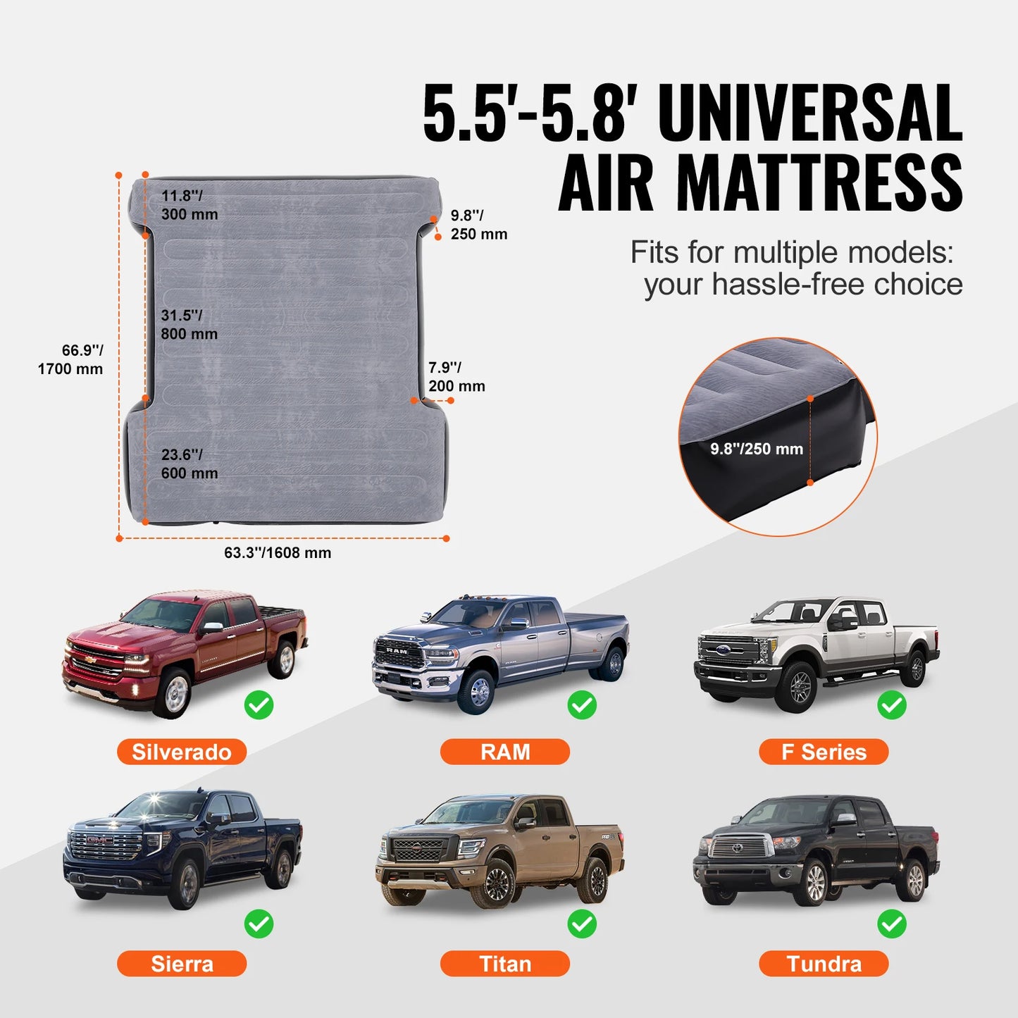 Truck Bed Air Mattress for 5.5-5.8 ft Full Size Short Truck Beds for Silverado