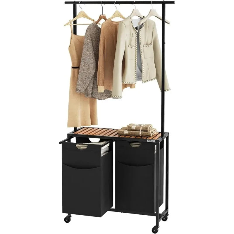 Laundry Hamper with Hanging Rack, Rolling Cart on Wheels