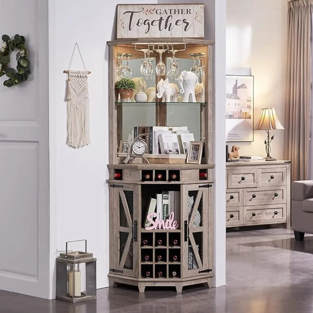 Bar Cabinets,Home Bar Cabinet W/LED Light Glass Rack