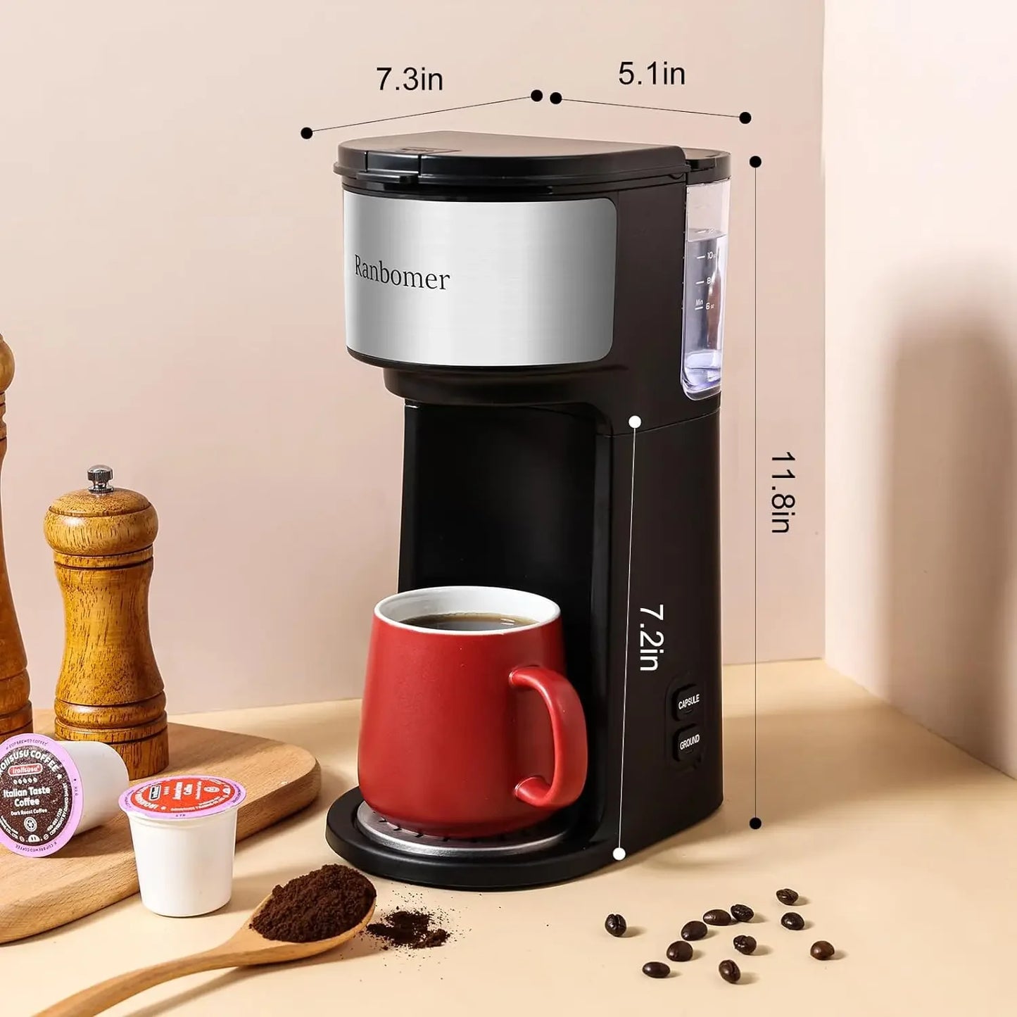 Single Serve Coffee Maker, K Cup and Ground Coffee Machine 2 in 1, 6 to 14 Oz Brew Sizes,