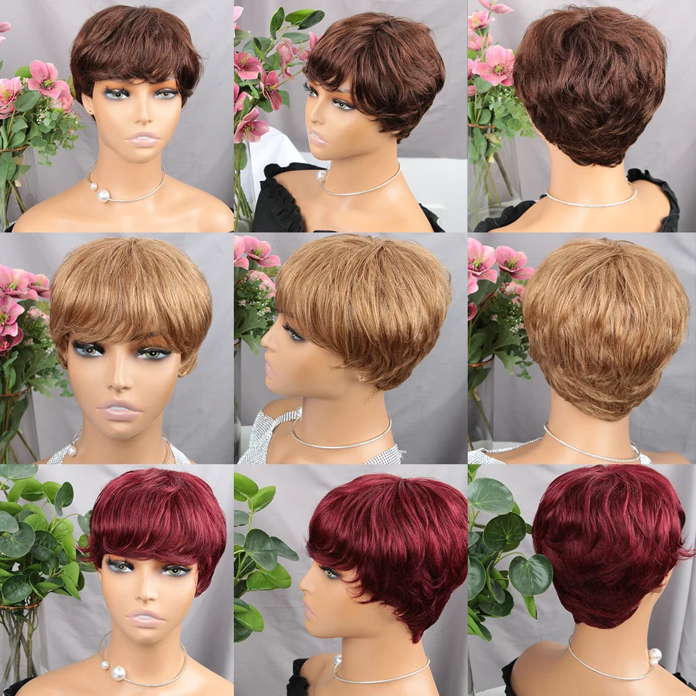 Brown Short Pixie Machine Made Wigs With Bangs Brazilian Hair Wigs