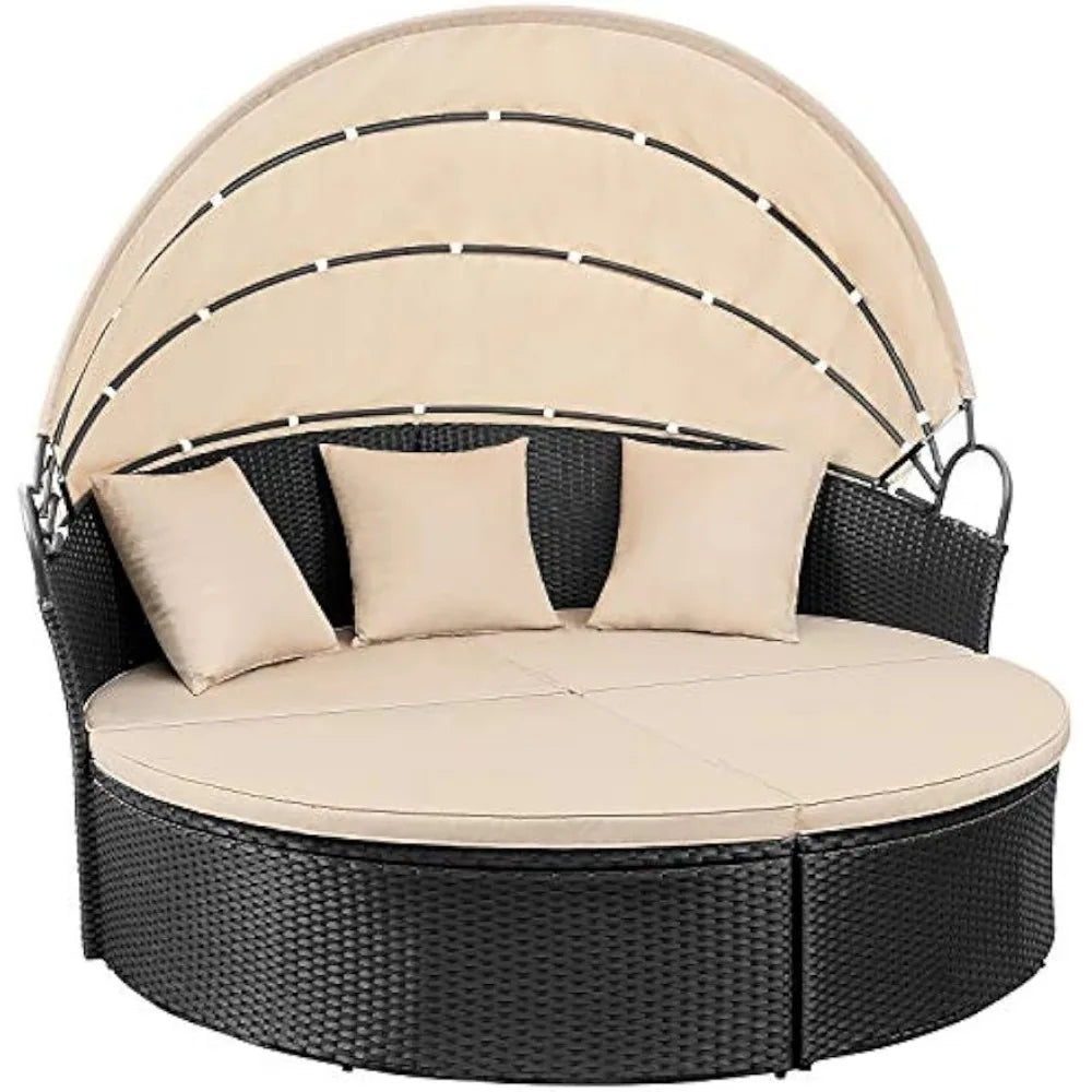 Outdoor Round Daybed Retractable Canopy Wicker Separated Seating Sectional Sofa