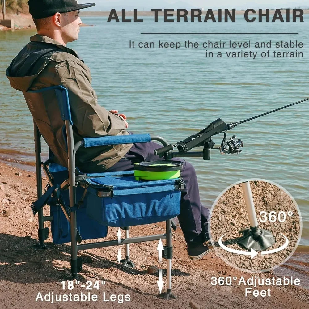 Fishing Chair with Rod Holder and Cooler, Adjustable Feet, Mesh Back with Shoulder Strap