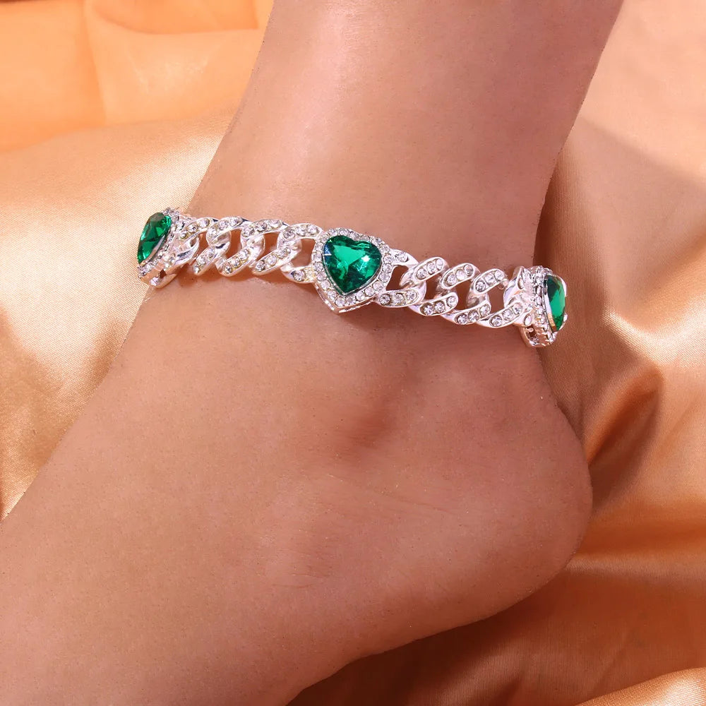 Green Love Anklets Women Heart Cuban Bling Anklet Jewelry