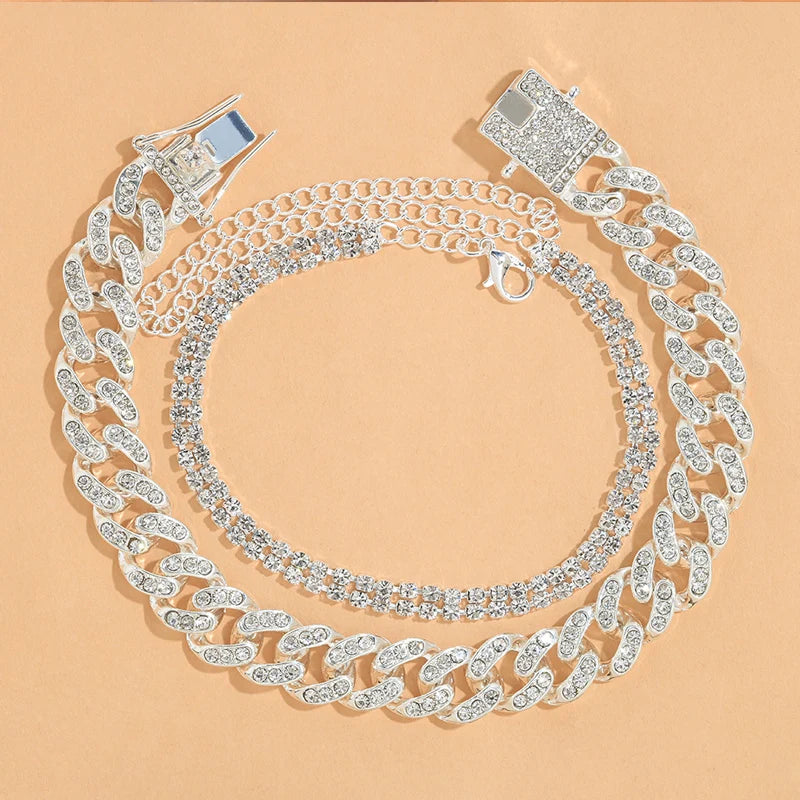 Double Row Anklets for Women Sets Bracelet Link Chain Crystal Cuban Foot Jewelry