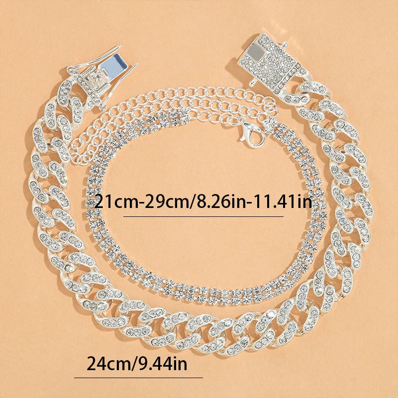 Double Row Anklets for Women Sets Bracelet Link Chain Crystal Cuban Foot Jewelry