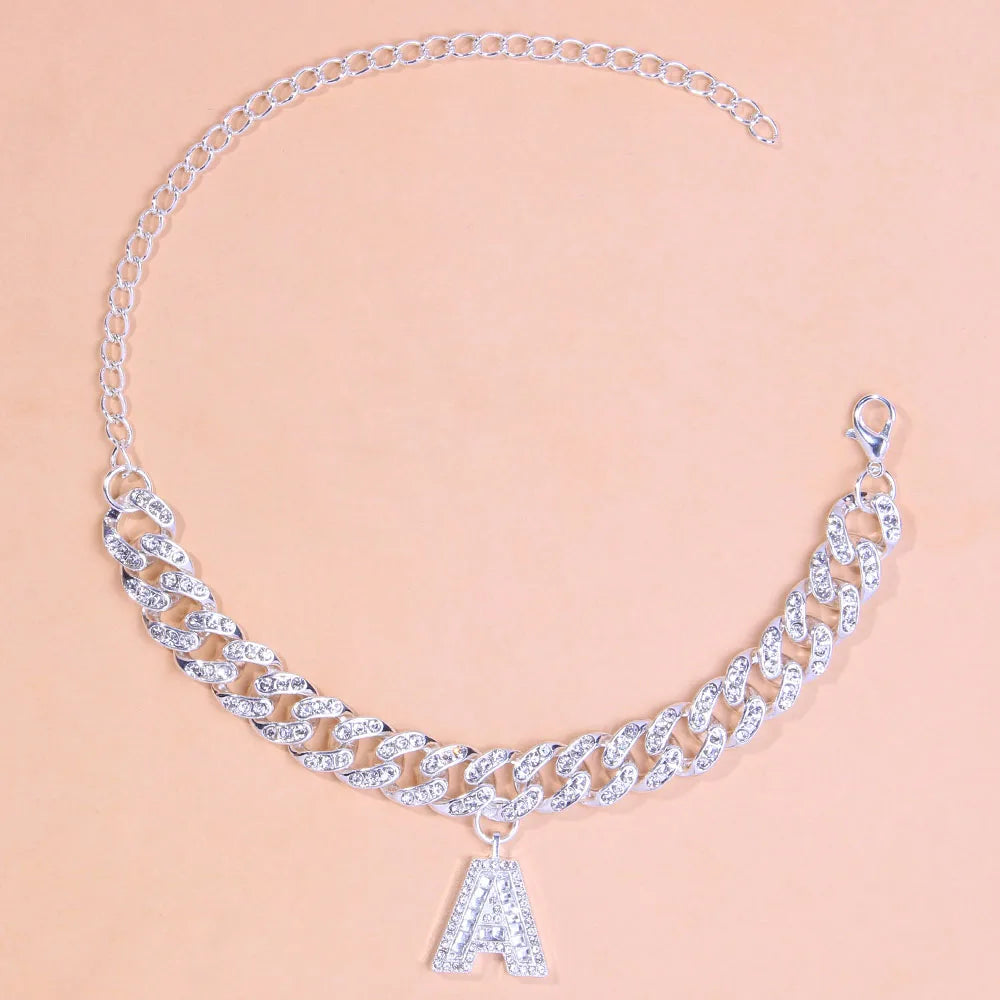 A-Z Letter Anklets for Women Crystal Cuban Link Anklet Bracelet Jewelry